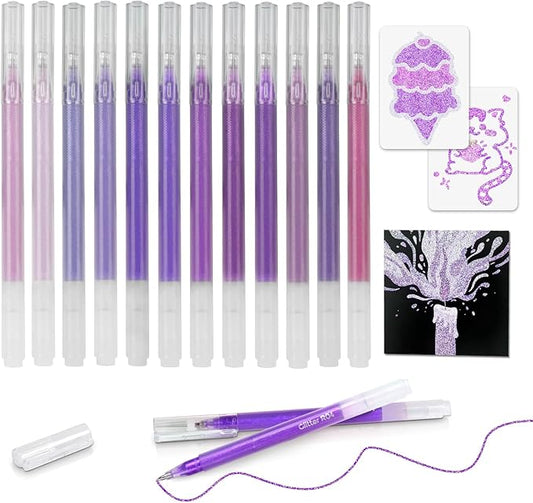 12 Purple Glitter Gel Pens Set, 1.0 mm Fine Point for Black Paper & White Paper, Large Capacity Pens for Journaling, Adult Coloring Books, Drawing, Note Taking, Highlighting