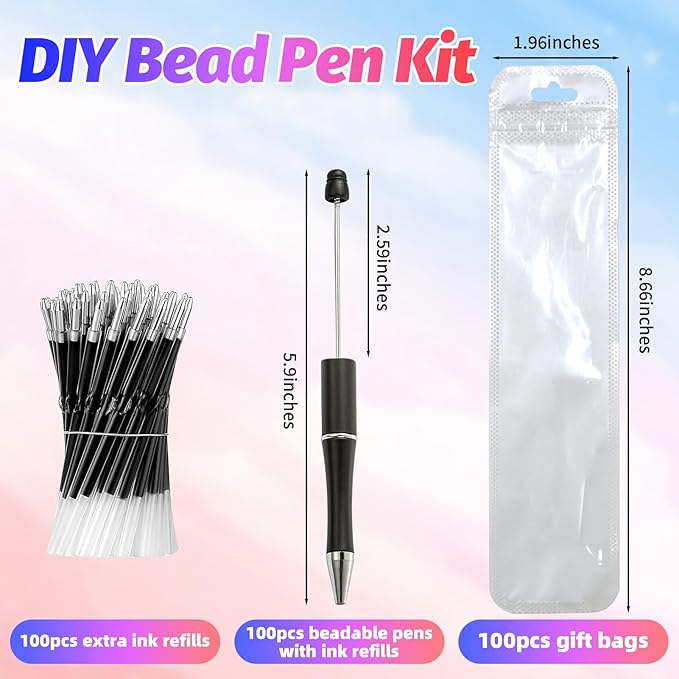 300 Pieces DIY Beadable Pen Kit – 100 Plastic Ballpoint Pens with Refills & Bags – School Supplies, Office Accessories & Decorative Items for Students & Teachers (Black)