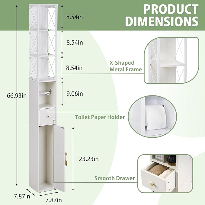 VECELO Tall Narrow Storage Cabinet with X-Frame Metal Design, Slim Freestanding Bathroom Cabinet with Toilet Paper Holder, Magnetic Door & Drawer, for Small Spaces, 7.9" D x 7.9" W x 67" H, White