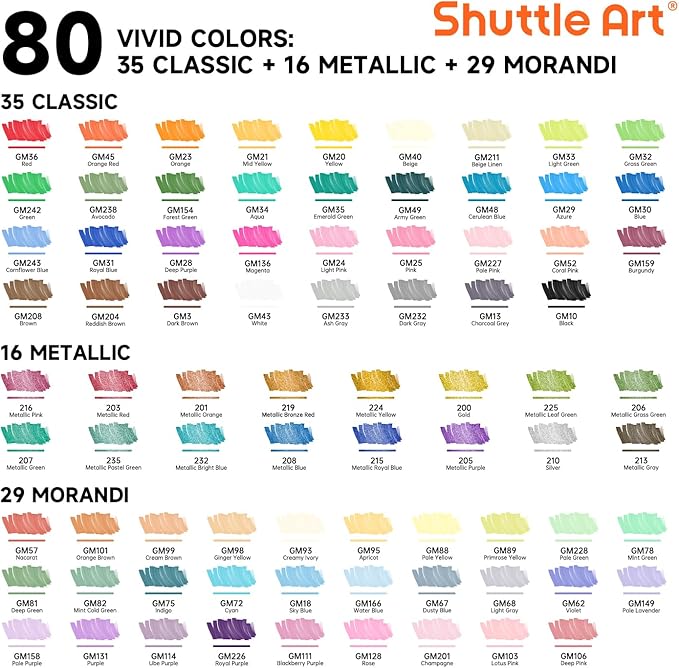 Shuttle Art 80 Colors Dual Tip Acrylic Paint Markers, Brush Tip and Fine Tip Acrylic Paint Pens for Rock, Ceramic, Wood, Canvas, Plastic, Glass, Stone, Calligraphy, Card Making, Crafts & Nail Art
