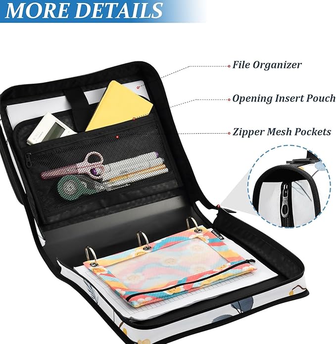3 Ring Zipper Binder with Shoulder Strap Flower Wildflower 1.5 inch Binders Keeper Large Capacity Multi Pockets for School Office Supplies