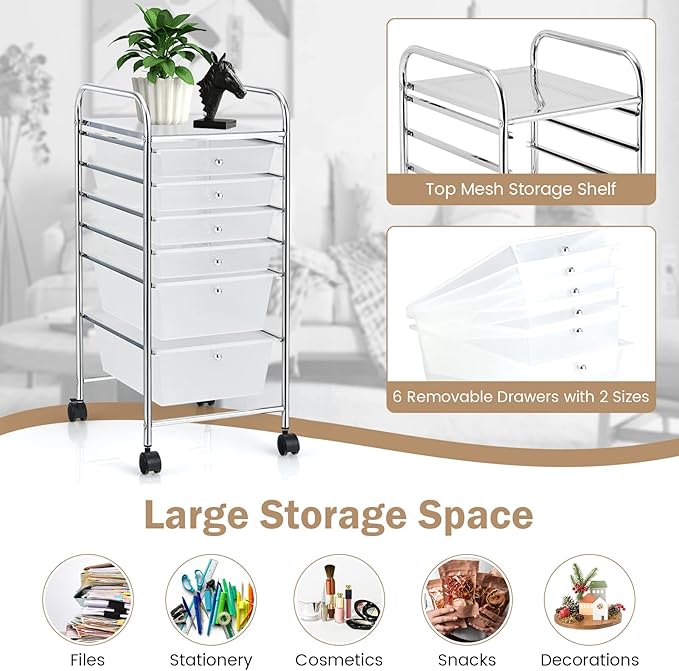COSTWAY 6-Drawer Rolling Storage Cart, Multifunctional Art Craft Tools Organizer on Wheels, Heavy Duty Utility Mobile Storage Trolley w/ 2 Lockable Wheels for Home Office School (Clear)