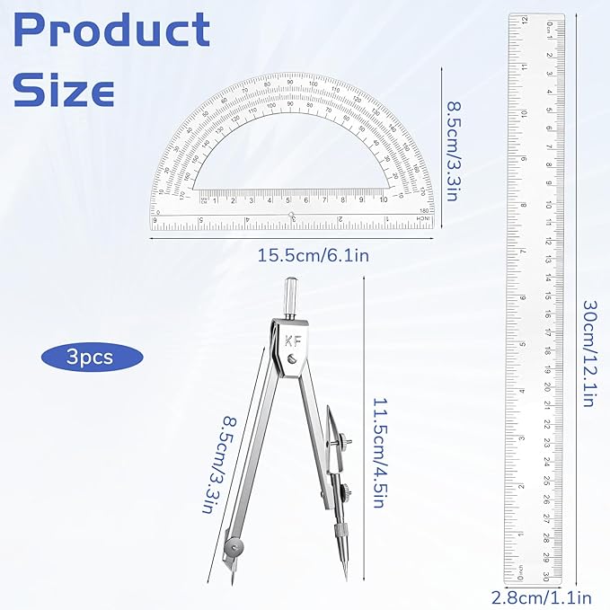 3 Pcs Clear Protractor and Compasses 12 Inch Ruler Set, Geometry Math Transparent Measuring Tools, Transparent Drawing Measuring Rulers for Office Woodworking Art Drawing