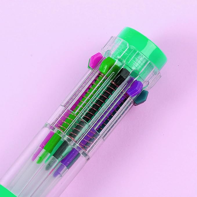 HeTaoCat Multicolor Pens 3 Pack 0.5mm 10-in-1 Retractable Ballpoint Pens - 10 Colors Transparent Barrel Ballpoint Pen for Office Supplies (Green)