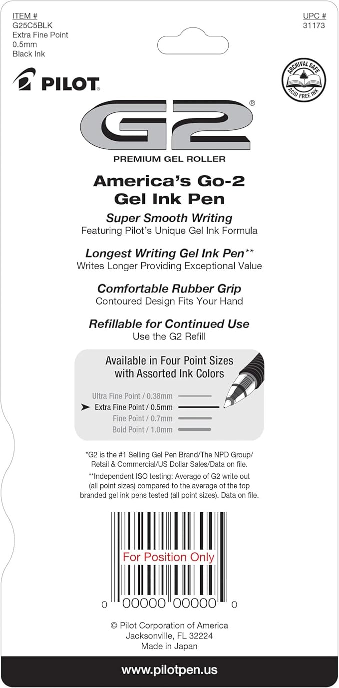 Pilot G2 Premium Gel Roller Pens, Extra Fine Point 0.5 mm, Gel Pens Black, Pack of 5 - Ideal for School, Journaling & Office Writing