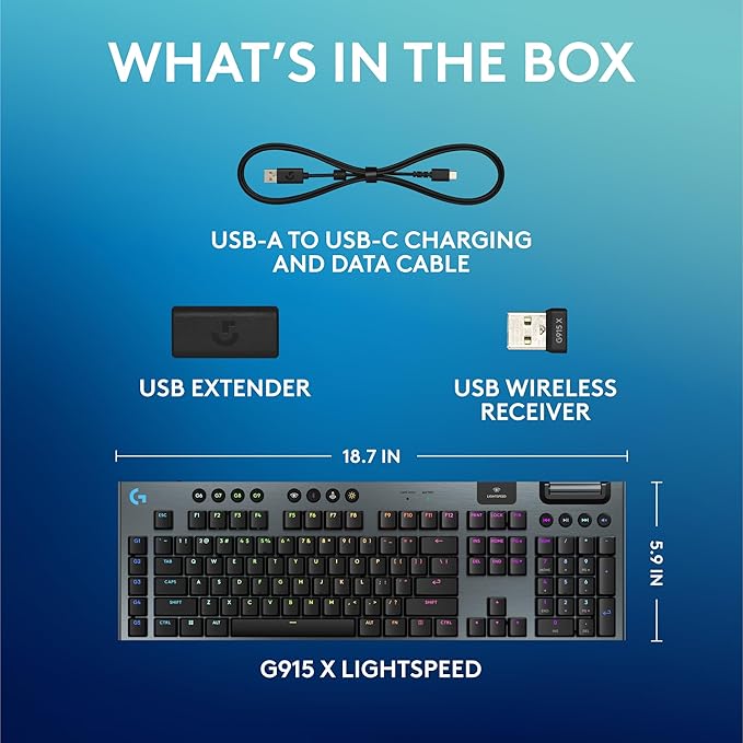 Logitech G915 X Lightspeed Low-Profile Wireless Gaming Keyboard, Double-Shot PBT Keycaps, Fully Programmable Keys, RGB Backlighting, Sleek Aluminum Finishing, GL Brown Tactile Switches-PC/Mac - Black