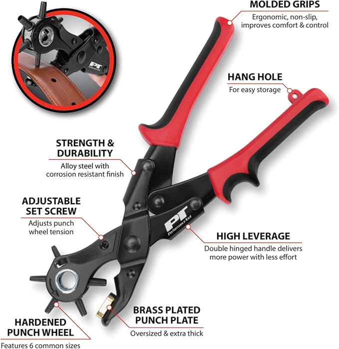 Performance Tool W7554 Double Hinged Hole Punch Tool with 6 Punch Sizes and Adjustable Tension for Belts, Upholstery, and More