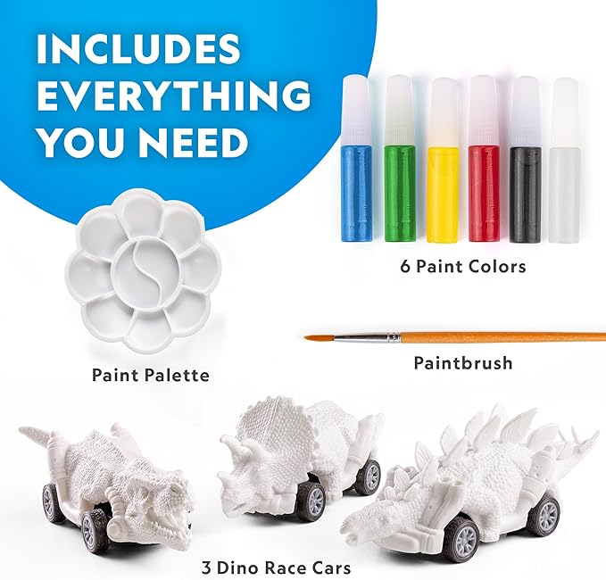 National Geographic Pull Back Dinosaur Race Cars Craft Kit - Paint 3 Dino Racecars with 6 Paint Colors, Dinosaur Toys for Kids, Kids Painting Kit, Arts & Crafts for Kids