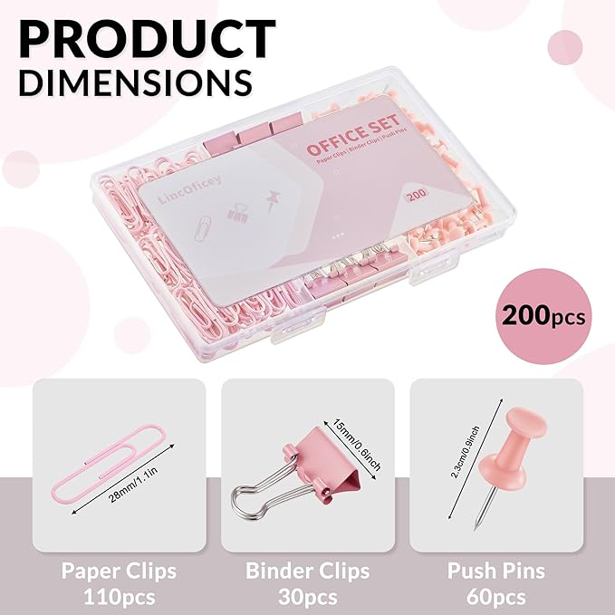 200pcs Paper Clips Binder Clips and Push Pins Set, Mini Clips and Thumb Tacks for Multipurpose Document Organization (Pink)
