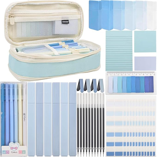 ChezAbbey 47Pcs Aesthetic School Supplies with Pencil Pouch - Cute College Essentials Set, Big Capacity Pen Case, Pastel Highlighters, Bible Study Journaling Stationary Kit (Blue)