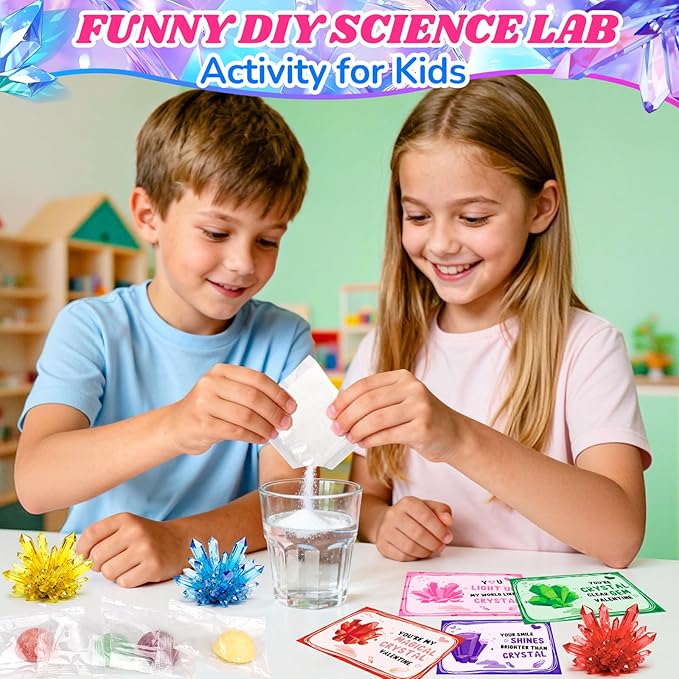 24PCS Crystal Growing Kit Valentines Day Gifts for Kids, Science Kits with Valentines Day Cards for Kids School Exchange STEM Science Experiments Planting Crystal Classroom Party Favors Boys Girls