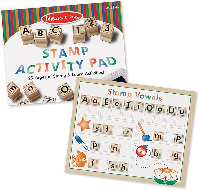 Melissa & Doug Deluxe Letters and Numbers Wooden Stamp Set ABCs 123s With Activity Book, 4-Color Stamp Pad - FSC Certified