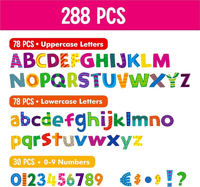 288 PCS Alphabet Combo Set, Bulletin Board Letters Including 78pcs Uppercase Letters, 78pcs Lowercase Letters, 30pcs 0-9 Numbers & Punctuation, Chalkboard Classroom Letters for Home School Room Decor