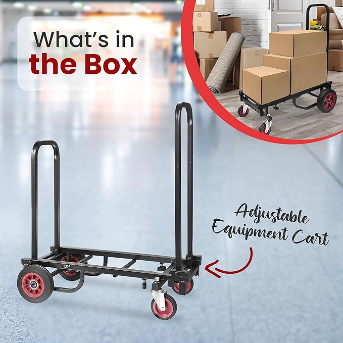 Pyle Compact Folding Adjustable Equipment Dolly - Heavy Duty 8-in-1 Convertible Cart Hand Truck/Dolly/Platform Cart with R-Trac Wheels - Expandable Up to 25.24" to 40.24" - 200 LBS MAX Load Capacity