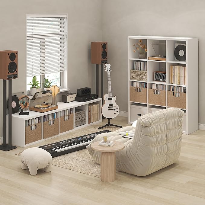 Furinno Cubicle Record Player Stand with Vinyl Storage, 12-Cube 1.2 Extra Thick Vinyl Record Storage, Open Back Media Shelf for CD DVD Blueray Game Disc, for Living Room, Home Office, White