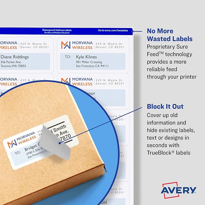 Avery Printable Shipping Labels with Sure Feed, 3-1/2" x 5", White, 400 Blank Mailing Labels for Laser Printers (5168)