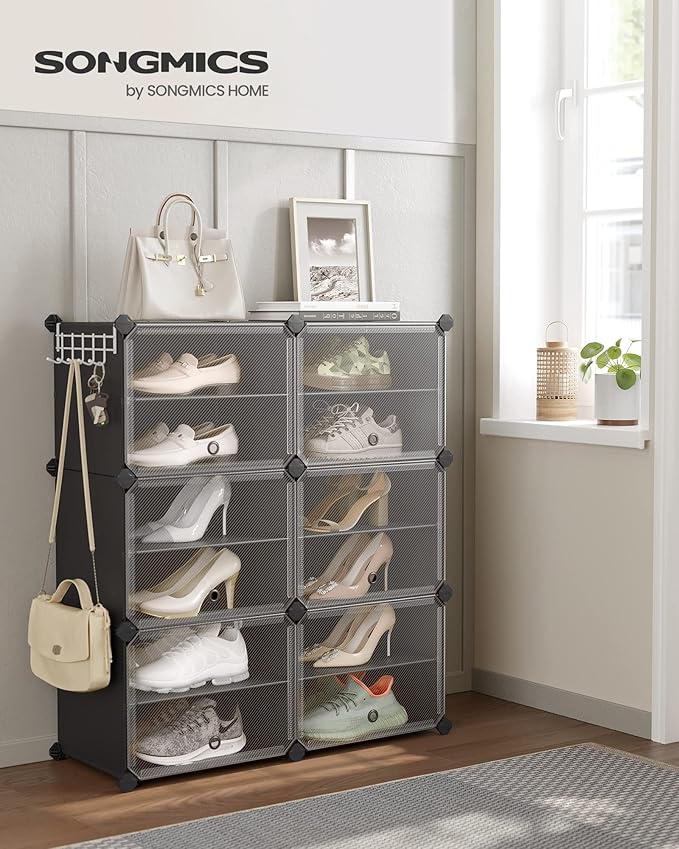 SONGMICS Shoe Rack Organizer, 6-Tier Shoe Storage Cabinet for Closet and Entryway, Holds 24 Pairs of Shoes, Adjustable, Ink Black and Trasparent ULPC033B01
