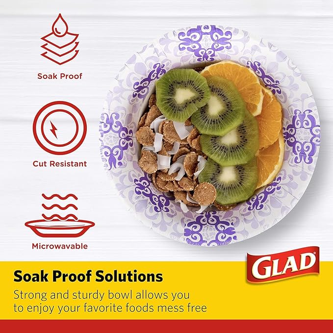 Glad Round Disposable Paper Bowls, Purple Victorian Design - Heavy Duty, Soak Proof, Cut-Resistant, Microwavable Bowl for All Foods & Daily Use, 12 Oz, 20 Count - 2 Pack