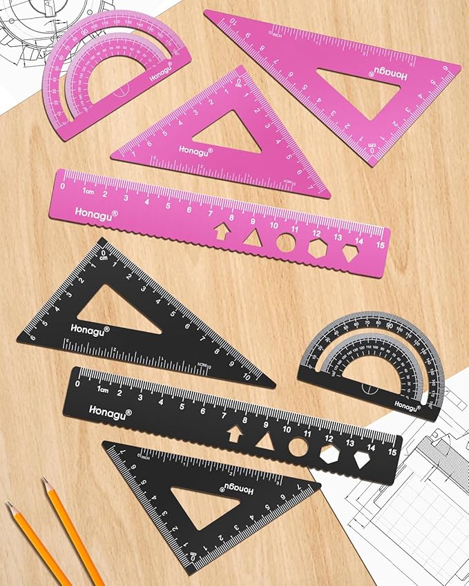 Honagu Aluminum Alloy Triangular Ruler Set, 2 Sets/8 Pieces, 15cm/5.9inches, Pink & Black