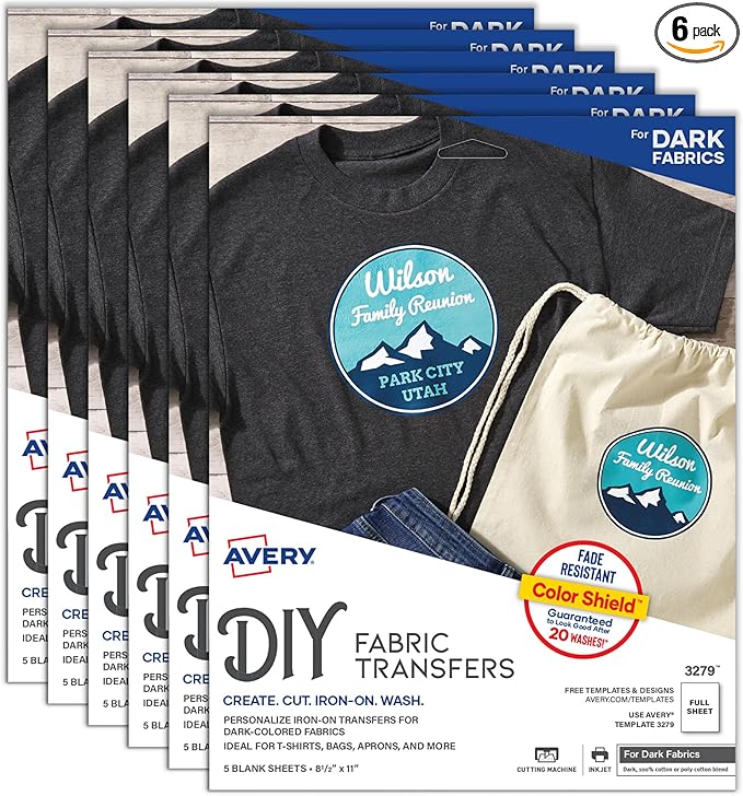Avery Printable Heat Transfer Paper for Dark Fabrics, 8.5" x 11", Inkjet Printer Compatible, 30 Sheets of Iron On Transfer Paper Total (6-Pack of 3279)