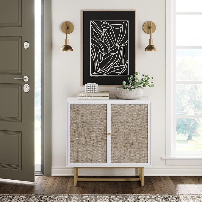 Nathan James Kova Rattan Wood Accent Natural Sideboard Storage Cabinet with Matte Metal Frame, Adjustable Interior Shelves and Cane Doors, for Hallway, Entryway or Living Room, White/Cane/Brass