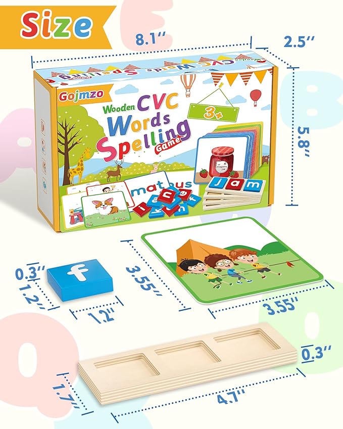 Wooden CVC Word Spelling Games, Montessori Educational Learning Toys Gifts for 3 4 5 6 Year Old Kids, Preschool Kindergarten Learning Activities, Sight Words Flash Cards Reading Letters for Toddlers