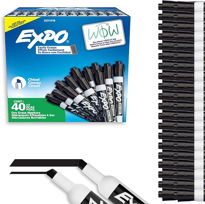 EXPO Dry Erase Markers, Low Odor Ink, Black, Chisel Tip, 40 Count - Whiteboard, Calendar, Organization, Essential Supplies for Office, School, Classroom, Teachers