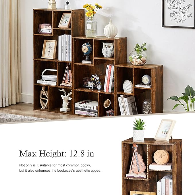 VECELO Small Bookshelf, 3 Cube Shelf, Fits Tallest Hardcovers, Horizontal Available, Modern Storage Organzier for Small Spaces,Brown