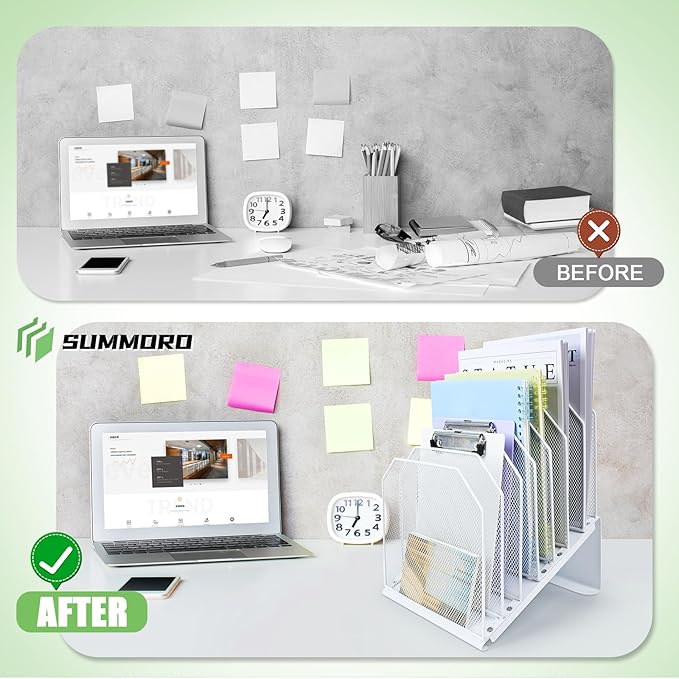 Inclined File Organizer for Desk, 7-Tier Vertical File Folder Holder Office Desk Organizer Metal Rack File Wire Mesh Desktop Document Sorter for Office School Classroom Home (White)
