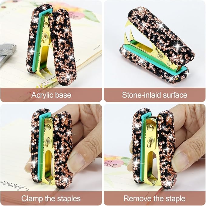 Multibey Rhinestone Staple Remover, Handmade Bling Crystal Gold Cute Staple Remover Tool for Desk, Dazzling Staples Puller Tool Mini Office Supplies & Desk Accessories for Women Office (Black Gold)