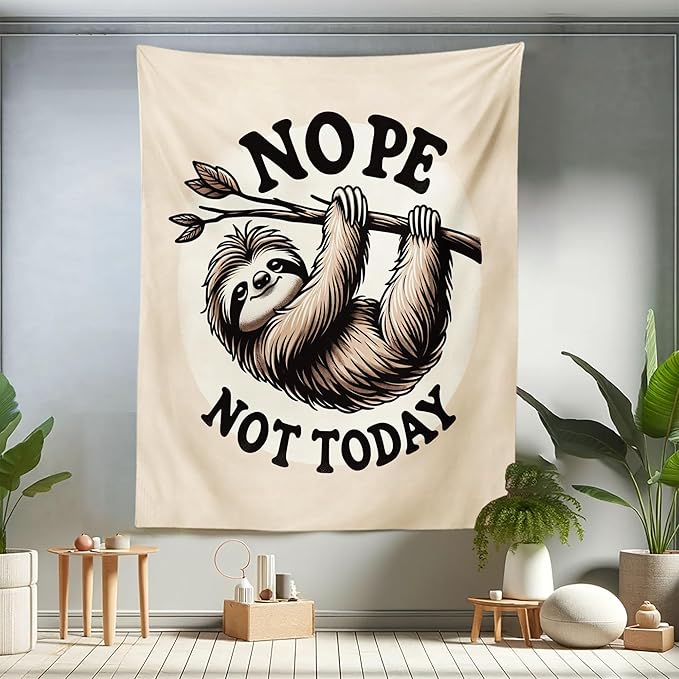 Ambesonne Funny Tapestry Twin Size, Nope Not Today Saying with a Happy Sloth Hanging Down from a Branch, Wall Hanging Bedspread Bed Cover Wall Decor, 68" X 88", Eggshell Pale Brown Black