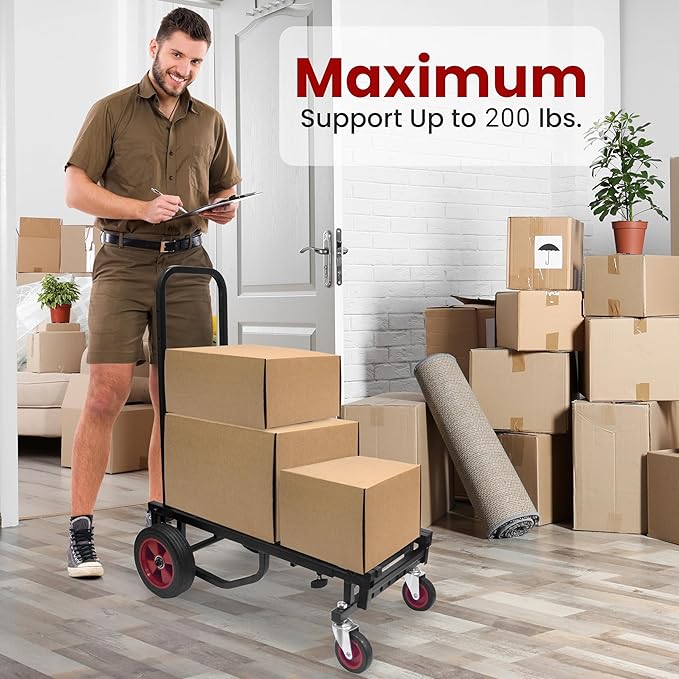 Pyle Compact Folding Adjustable Equipment Dolly - Heavy Duty 8-in-1 Convertible Cart Hand Truck/Dolly/Platform Cart with R-Trac Wheels - Expandable Up to 25.24" to 40.24" - 200 LBS MAX Load Capacity