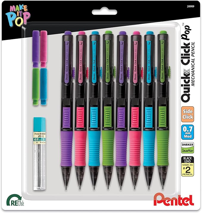 Pentel Quick Click POP Mechanical Pencil, (0.7mm), Includes Refill Lead and Erasers, Pack of 8 Pencils (PD217LEBP8)