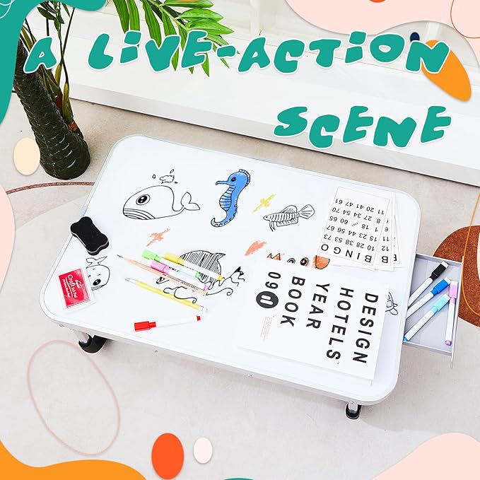 Suzile 1 Pc Lap Desk with Dry Erase Board, 24"x16" Foldable Study Table with Storage Drawer, Markers & Eraser, Portable Learning Desk for Homeschool, Homework & Drawing, Writing, School Supplies