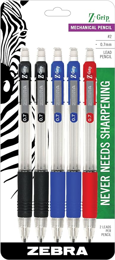 Zebra Pen Z-Grip Mechanical Pencil, 0.7mm Point Size, HB #2 Graphite, Assorted Grip Colors, 5-Count