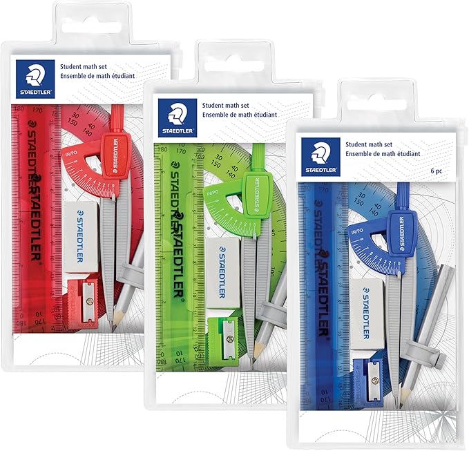 STAEDTLER Student Math Set - Essential School Supplies with 6-Piece - Compass, 6in Ruler, 180° Protractor, Pencil, Eraser & Sharpener in Zippered Storage Pouch