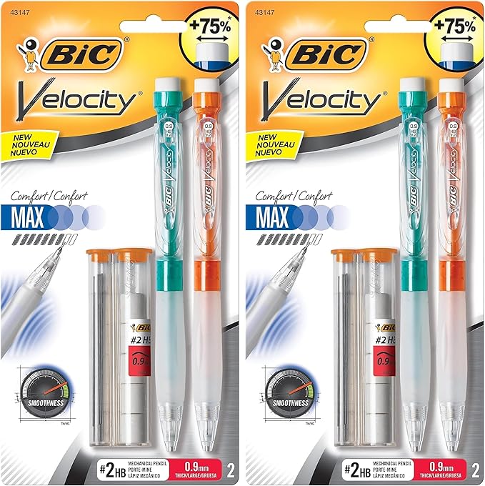 BIC Velocity Max Mechanical Pencil, Thick Point (0.9mm), 2-Count (Pack of 2)
