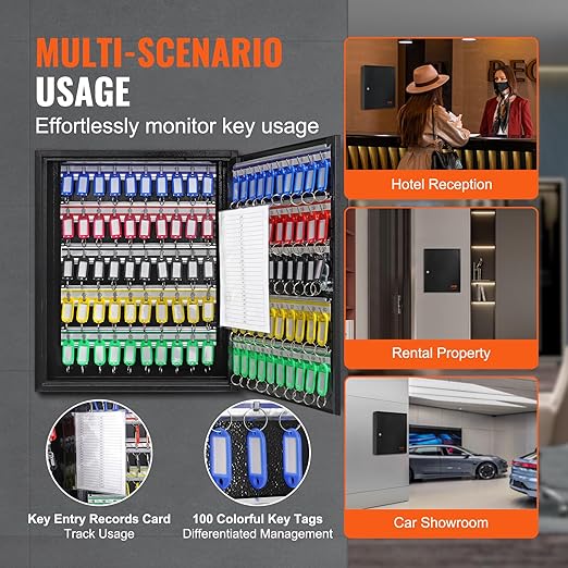 VEVOR 100-Key Cabinet, Key Lock Box with Adjustable Racks, Security Key Storage Box Steel, Key Organizer with 100 Colorful Key Tags and 2 Record Cards for School, Office, Hotel