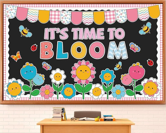 Spring Bulletin Board Set Decorations Colorful Flower Bee Paper Cutouts Spring Bloom Floral Classroom Bulletin Board Decoration Kit for School Home Chalkboard Window Holiday Party Decor
