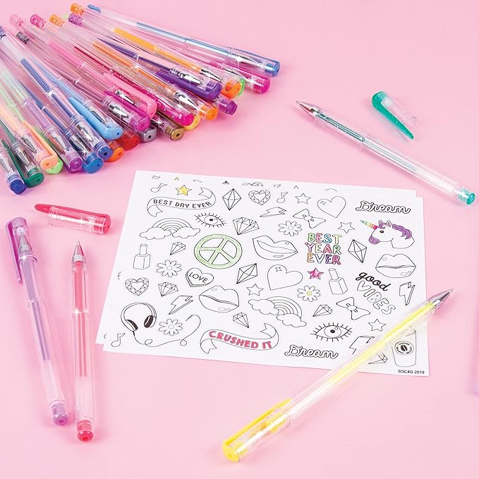 Three Cheers for Girls by Make It Real - 30 Piece Gel Pen Set - Colored Gel Pens with Metallic, Pastel, Neon, Rainbow & Glitter - Cute Pens for Drawing, Coloring or Journaling - Includes 100+ Stickers