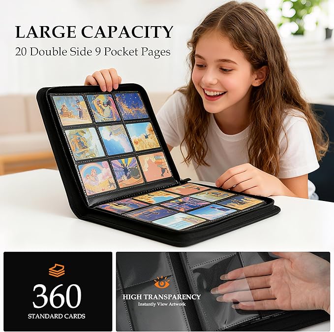 Trading Card Binder 9 Pocket - Premium Card Collection Binder for 360 Cards, Durable Side-Loading Card Album with Zipper, Perfect for TCG, MTG, and Sports Cards, Green