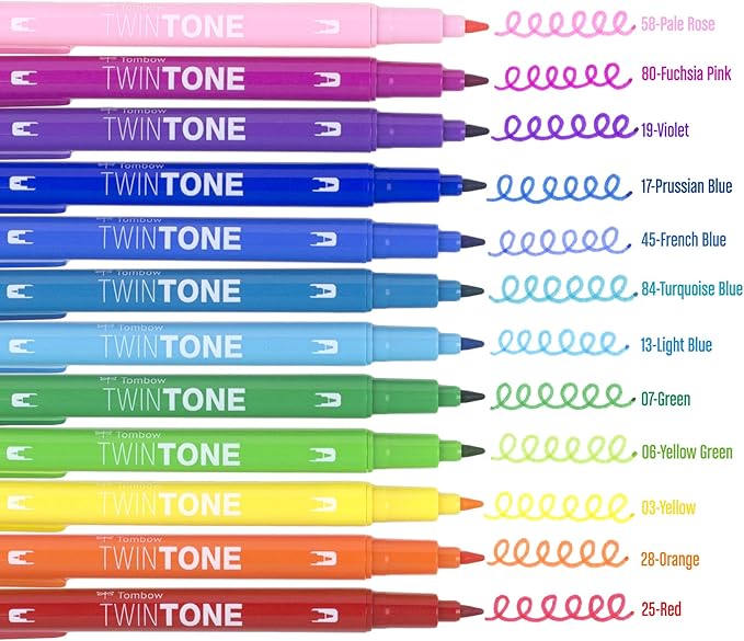 Tombow 61526 TwinTone Marker Set, Rainbow, 12-Pack. Double-Sided Markers Perfect for Planners, Journals, Doodling, and More!