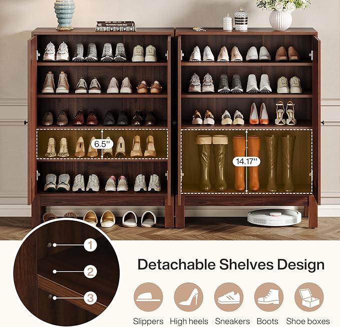 Tribesigns Shoe Cabinet with Doors, 5-Tier Shoe Storage Cabinet with Adjustable Shelves, 20 Pairs Wooden Shoe Rack Organizer, Tall Narrow Shoe Cabinet for Entryway, Hallway, Living Room, Walnut