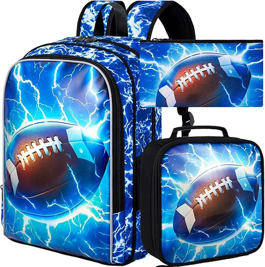 KLFVB 3PCS Kids Bookbag, 17" Boys Backpack and Lunch Box, Water Resistant Teenagers School Bag for Middle Elementary - Lightning Rugby