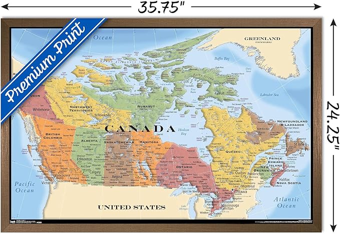 Map - Canada Wall Poster, 34L" x 22.4W", Bronze Framed Version