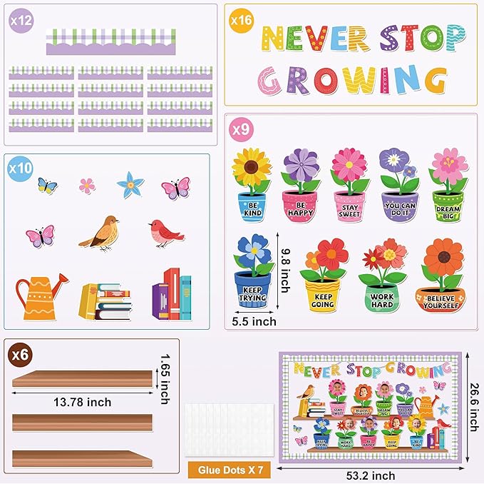 Aneco Never Stop Growing Bulletin Board Decorations Spring Inspirational Classroom Border Trim Flower Cutouts Classroom Decoration for School Home Wall Decor Supplies