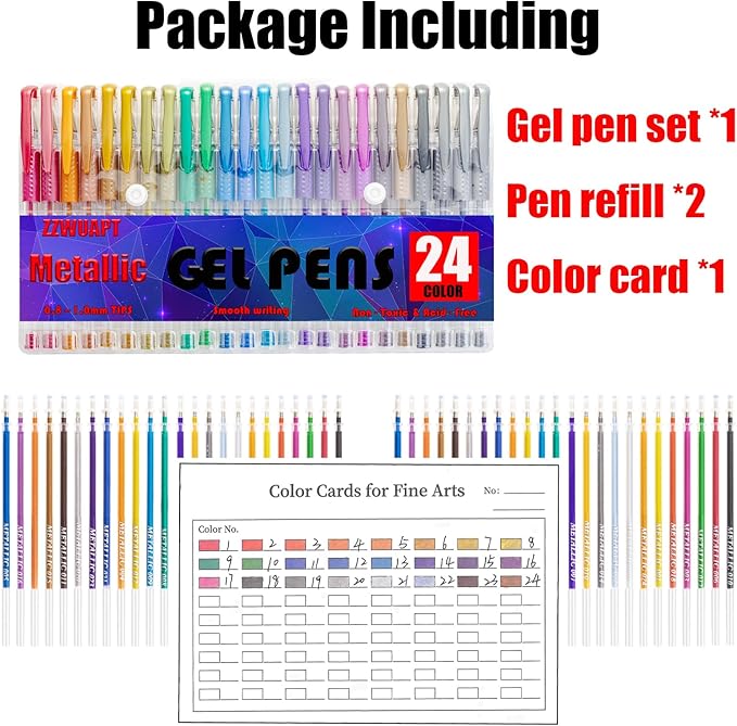 Metallic Gel Pens,72 Color Gel Pens Set including 24 Color Gel Pen with 48 Refills,40% More Ink Colored Gel Pens for Adult Drawing, Doodling, Scrapbook, Journaling