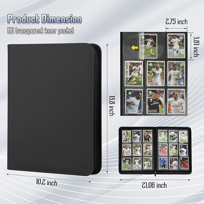 9 Pocket Card Binder - 540 Capacity with Zip Closure Premium, Double-Sided,Sturdy & Sleek PU Leather Protector for MTG, TCG, Sport & Collectible Cards (Black)