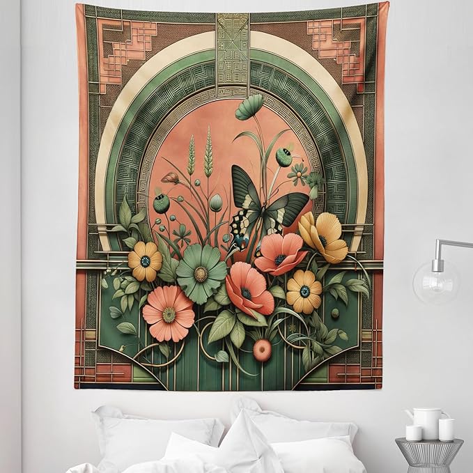 Ambesonne Boho Tapestry Twin Size, Traditional Japanese Ornaments with Floral Balcony with Butterfly Spring, Wall Hanging Bedspread Bed Cover Wall Decor, 68" X 88", Dark Salmon Laurel Green
