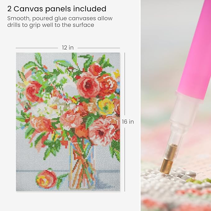 Arteza 5D Diamond Painting Kit, 2-Pack, Floral Designs, Full-Drill Diamond Art for Adults, 12 x 16 Inches Canvases, Round Rhinestones, & Painting Accessories, Bead Art Craft Supplies